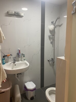 Regadera, toallas, papel de baño 