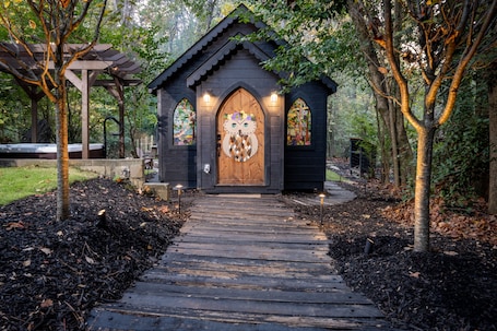 Exterior detail. Enchanted creekside chapel right in the heart of Alpharetta!