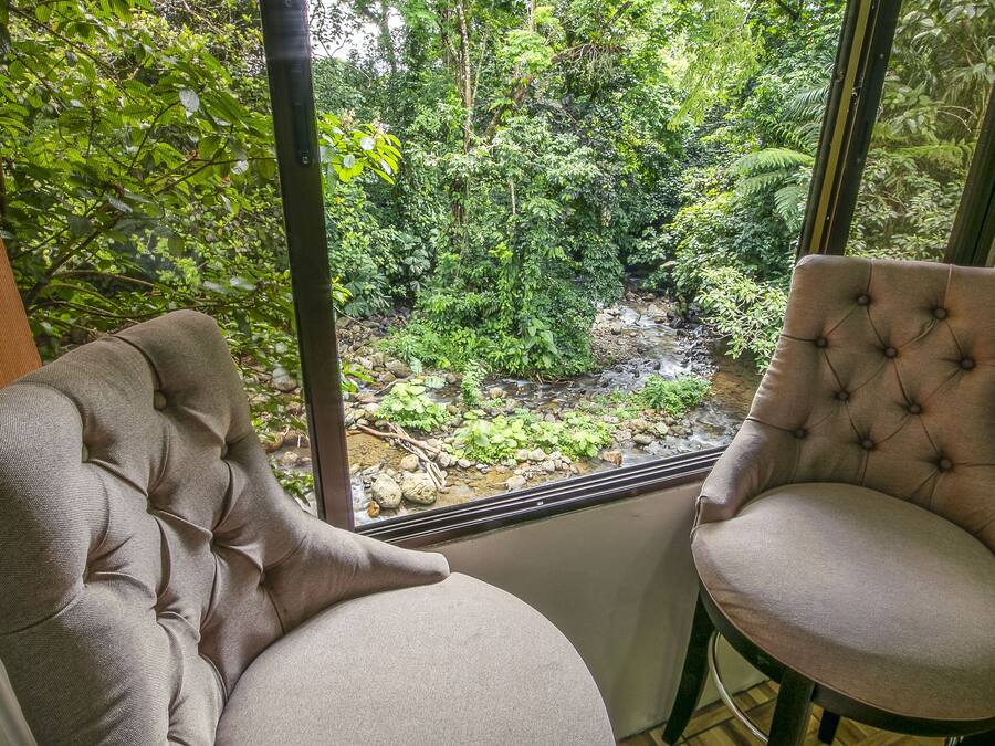 A room with a large window overlooking a lush garden. There is a tufted armchair and a cushioned chair near the window.