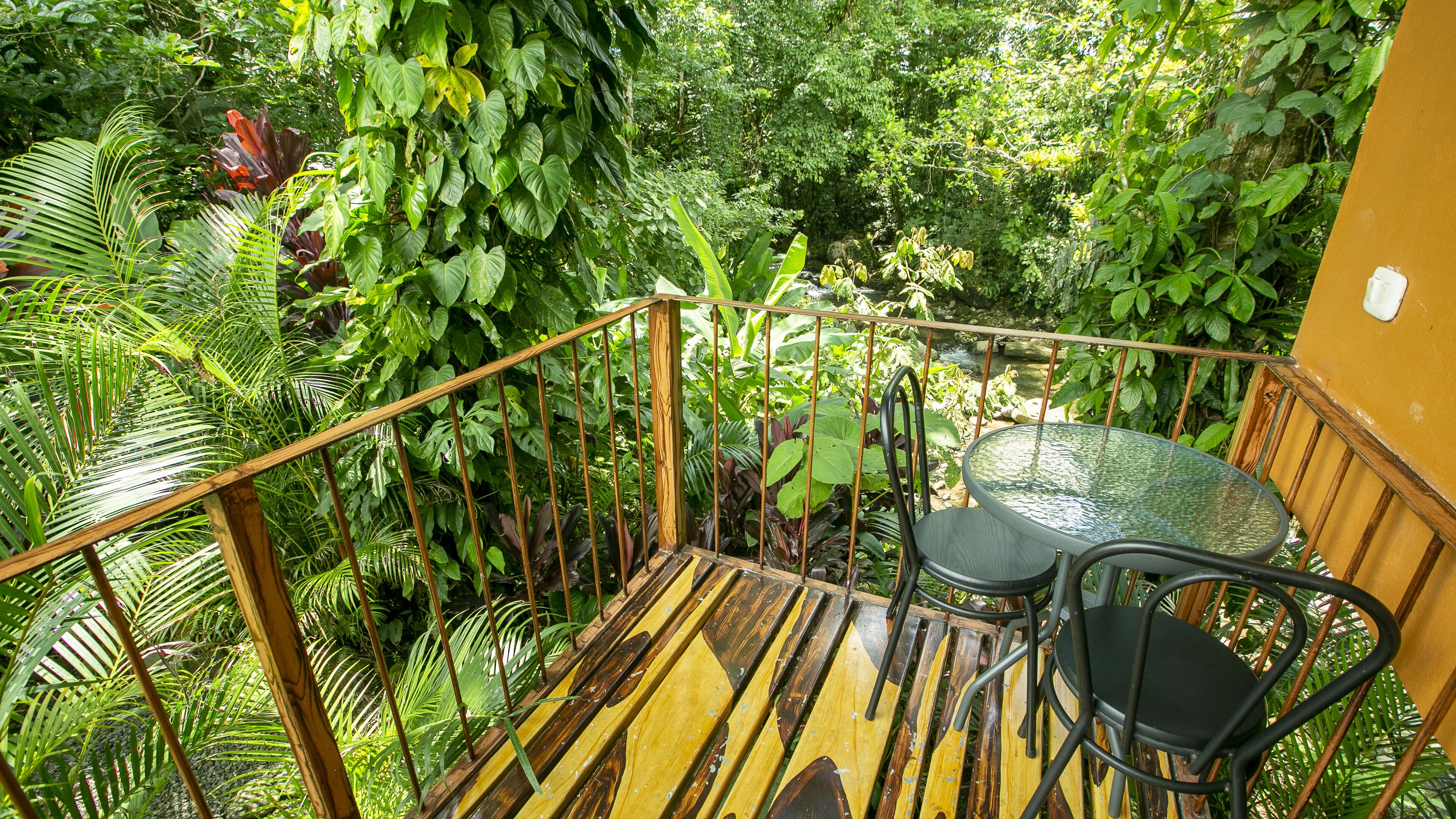 Een houten trap leidt naar een tafelset met stoelen van glas, omgeven door weelderige begroeiing.