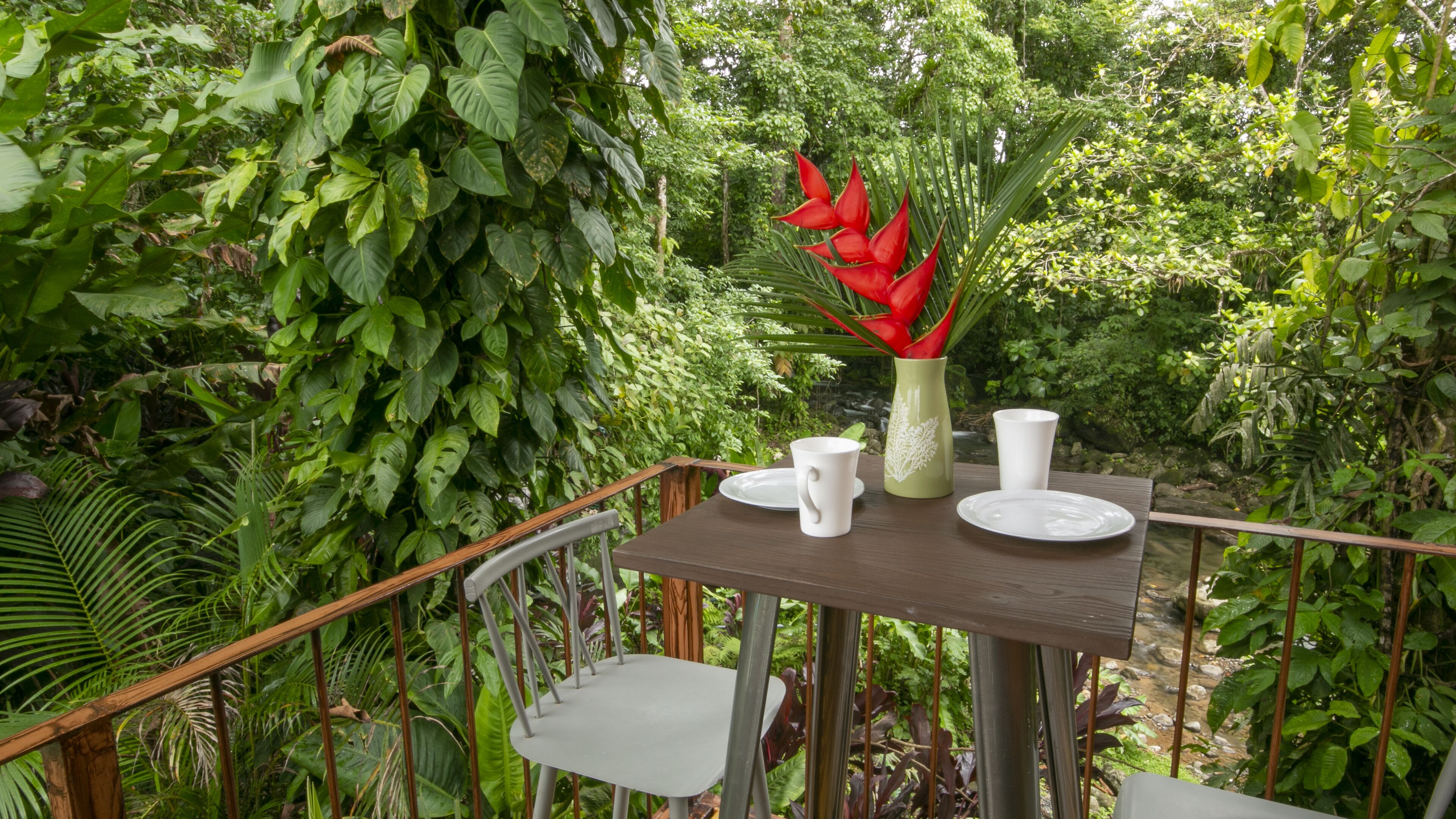 A table set outdoors with a vase of red flowers, two white cups, and a plate.