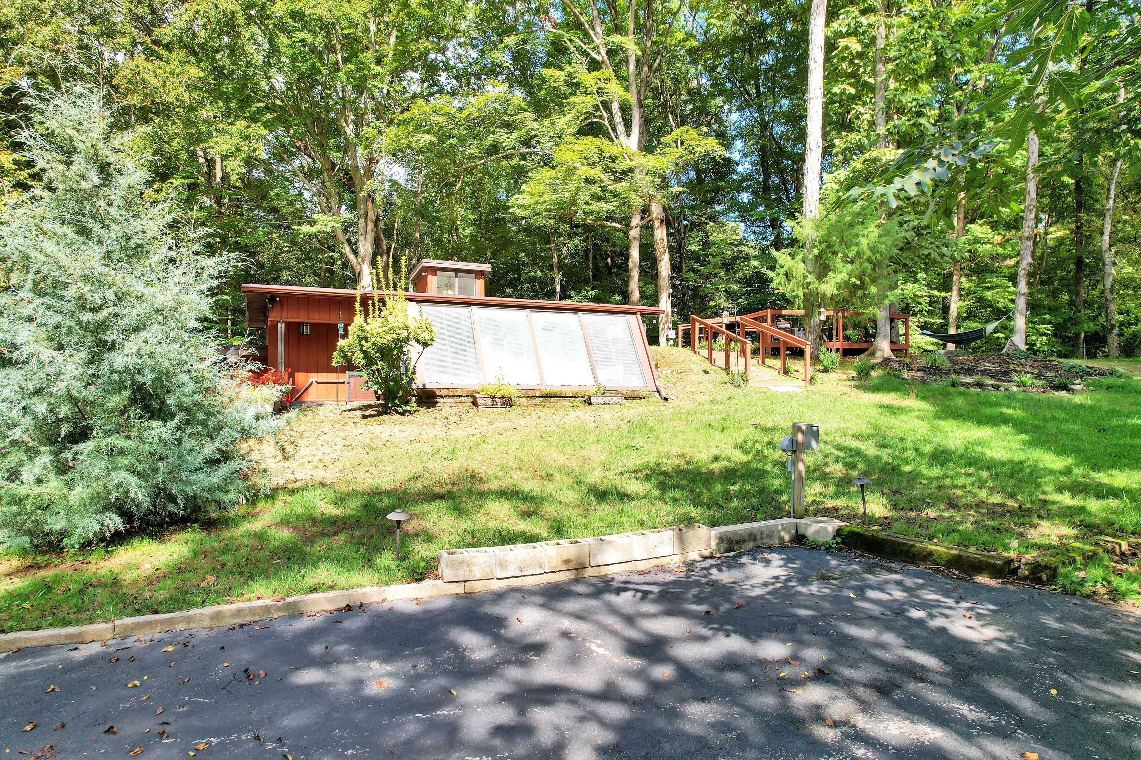 A wooded area with a small building, a paved driveway, and a wooden deck.