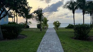 Un camino pavimentado que lleva a una playa con palmeras y una casa a la izquierda.