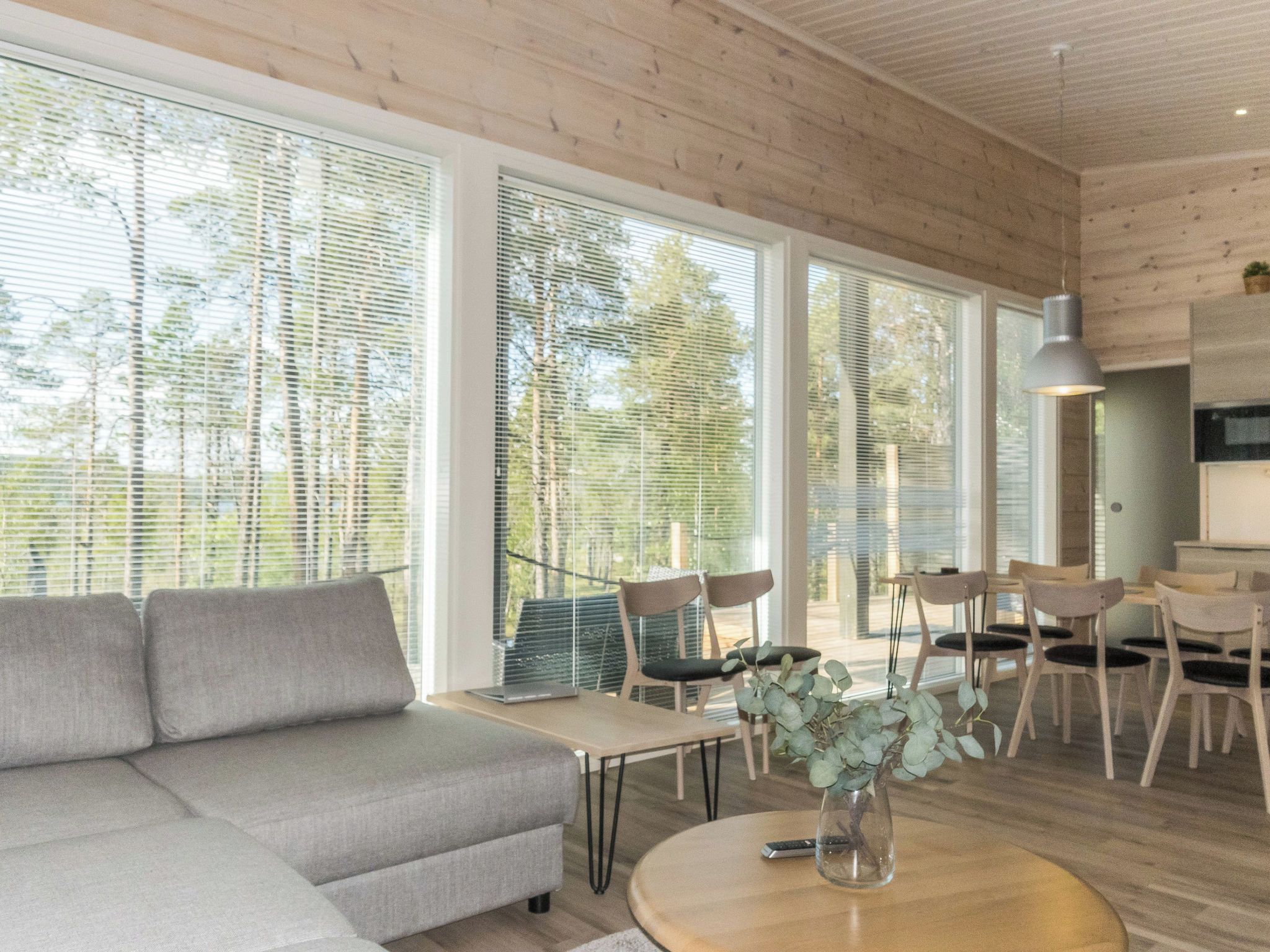A modern living room with a sofa, dining table, chairs, and large windows.