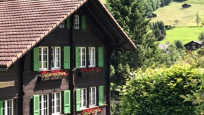 Un chalet traditionnel avec un toit en pente, de nombreuses fenêtres dotées de volets verts et des jardinières sur les balcons.