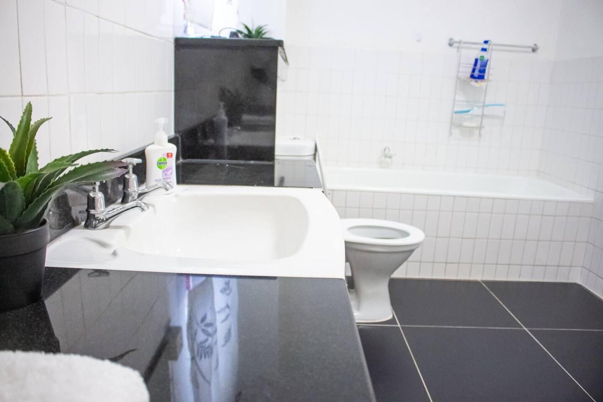 Shower, deep soaking tub, hair dryer, towels