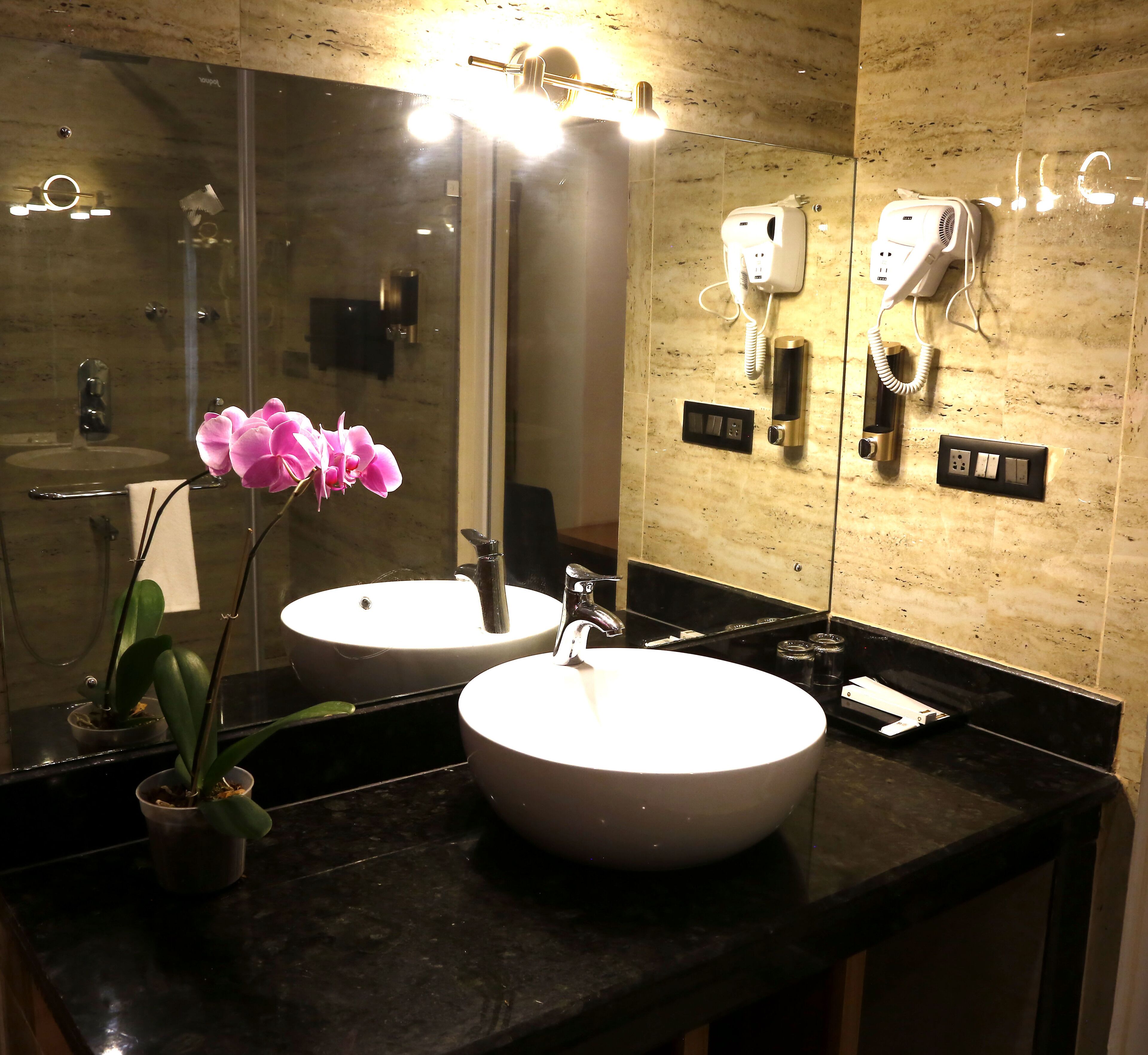 A bathroom with a large mirror, a sink, a hairdryer, and a potted orchid.