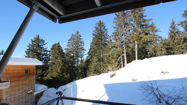 Eine Holzhütte mit Metallgeländer, die einen mit Schnee bedeckten Hang und hohe Nadelbäume überblickt.