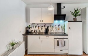 Kühlschrank, Ofen, Herdplatte, Wasserkocher mit Kaffee-/Teezubehör