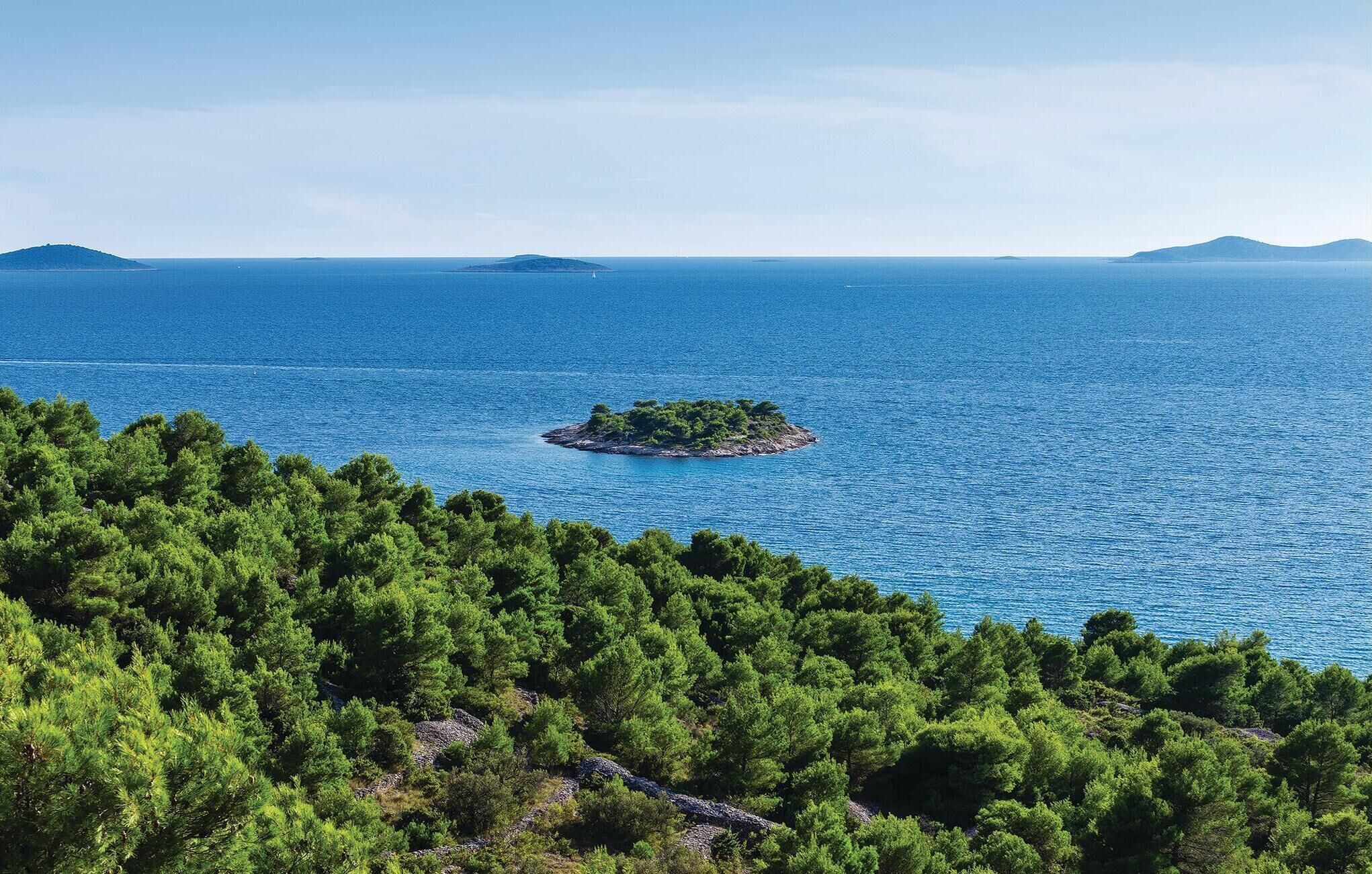 A coastal landscape with a small island surrounded by a forested area and the sea.
