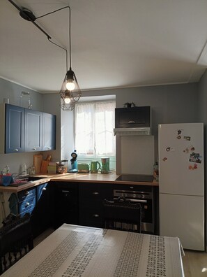 Frigorífico, microondas, horno y placa de cocina