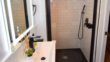 Shower, hair dryer, towels, soap