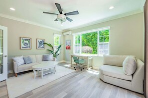 TV, fireplace, offices