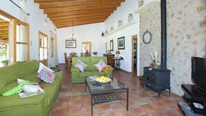A spacious living room with a green sofa, a coffee table, and a black fireplace. - Finca Burga, vacation home in a quiet location, views, pool, A/C, Wifi (Puerto Pollenca)