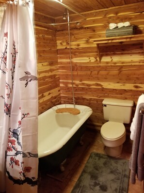 Une salle de bain rustique, avec des murs en bois, comprenant une baignoire, des toilettes et un rideau de douche orné de motifs d’oiseaux.