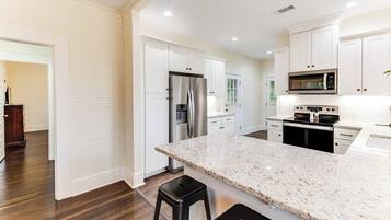 Fridge, microwave, coffee/tea maker, toaster