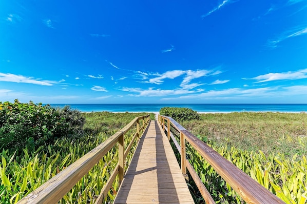 On the beach, sun loungers, beach towels