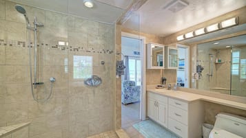 Shower, hair dryer, towels, soap