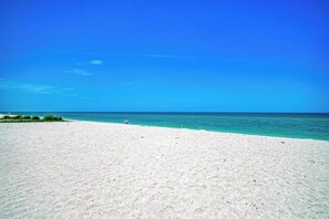 A beach with clear blue water and a sandy shore.