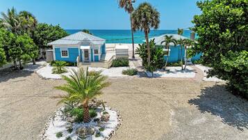A beachfront property with a small house, a paved driveway, and a palm tree.