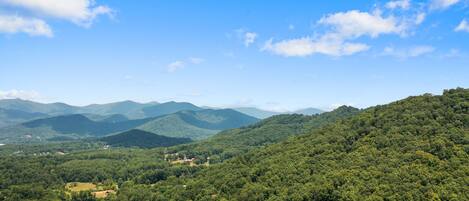 A mountainous landscape with dense forestation and a property marked on the slope.