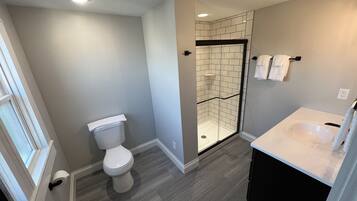 A modern bathroom with a toilet, a glass-enclosed shower, and a sink.