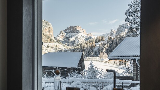 A view from a window of a mountain cabin with snow-covered trees and a wooden building. - 181 Amie Chalet (Santa Cristina Valgardena)