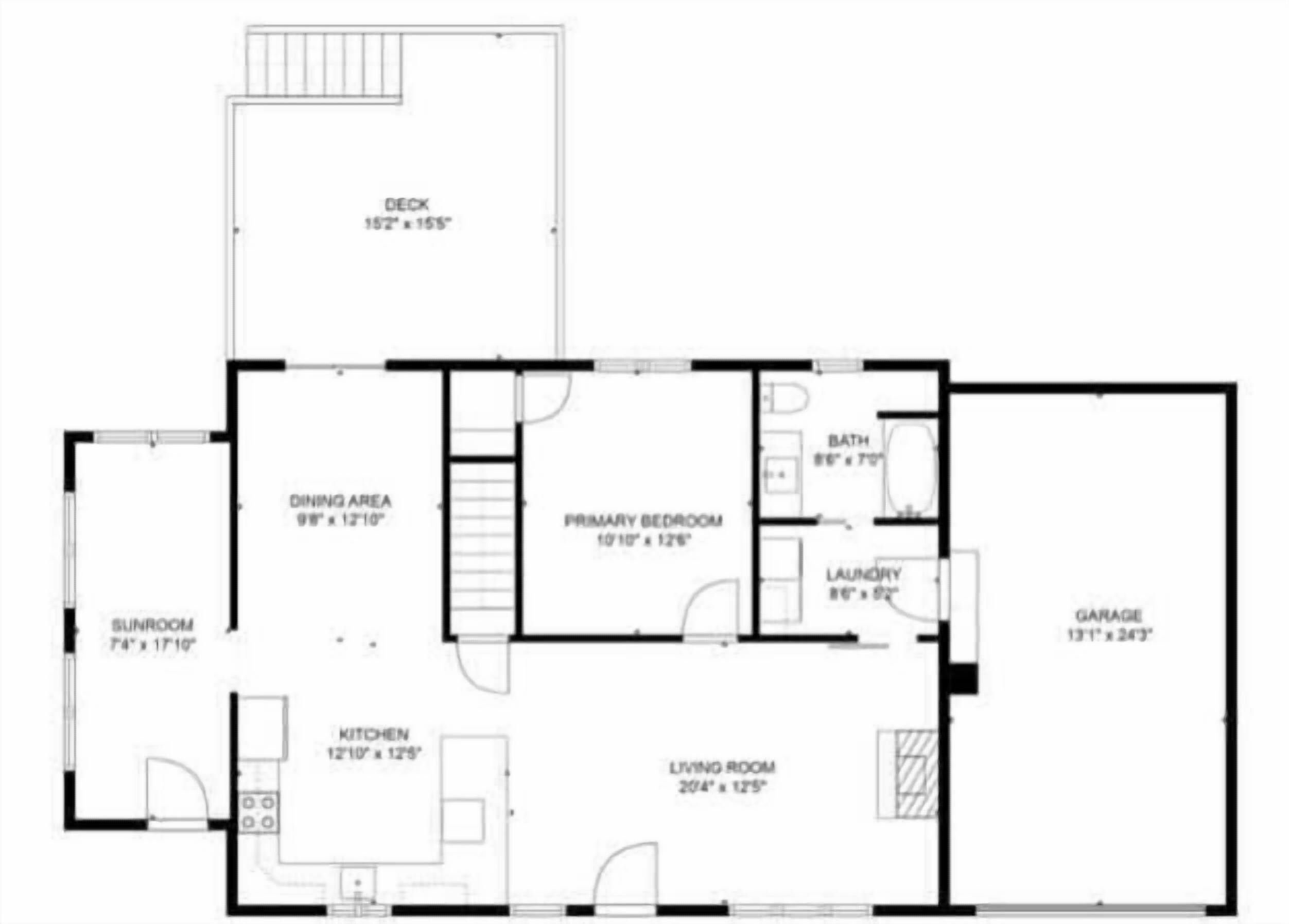 Plano de planta que muestra una terraza, comedor, cocina, sala de estar con luz natural, habitación principal, baño y garaje.