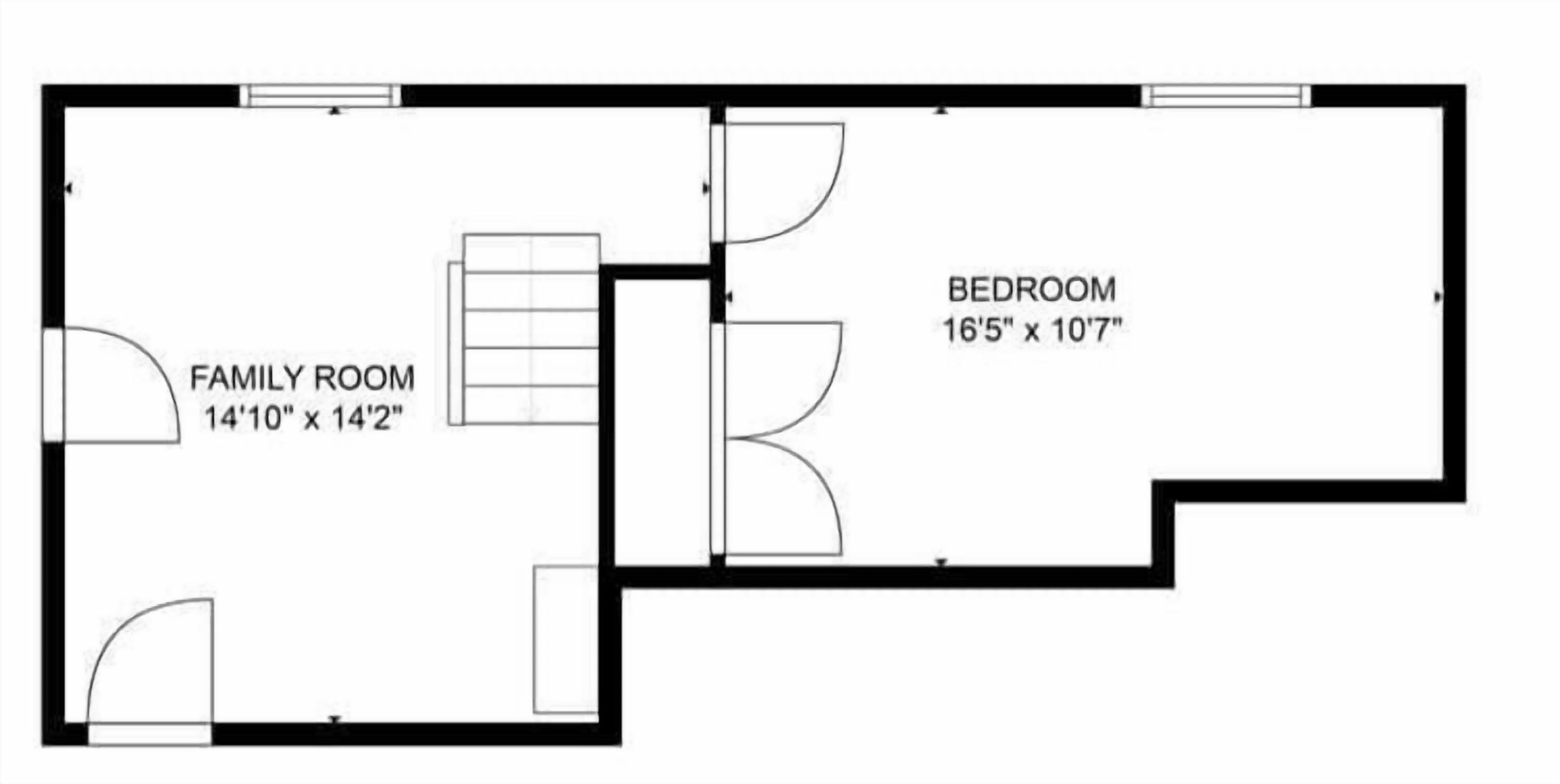 A floor plan with a family room measuring 14'10' x 14'2' and a bedroom measuring 16'5' x 10'7'.
