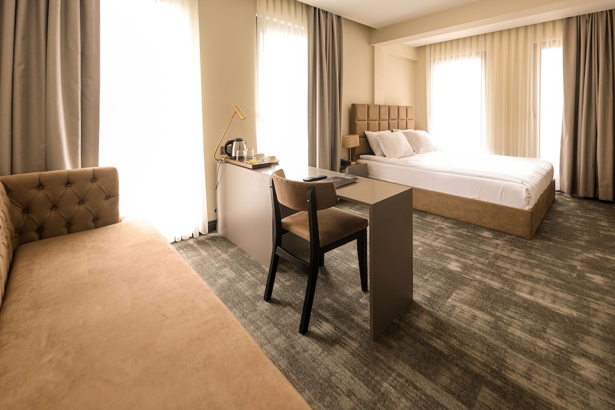 A hotel room with a bed, a desk, a chair, and a sofa.