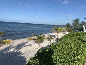 En la playa, camastros y toallas de playa 