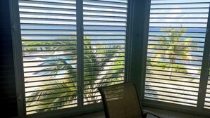 Habitación con ventanas amplias, persianas horizontales, una silla y vistas a palmeras y a la playa.