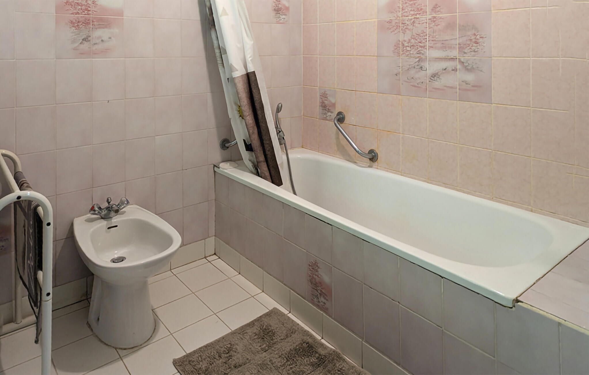 Un baño con bañera, bidé y barandilla.
