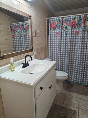 Combined shower/bathtub, hair dryer, towels, soap