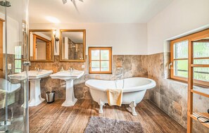 Combined shower/bathtub, hair dryer