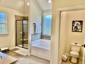 Combined shower/tub, hair dryer, towels, soap