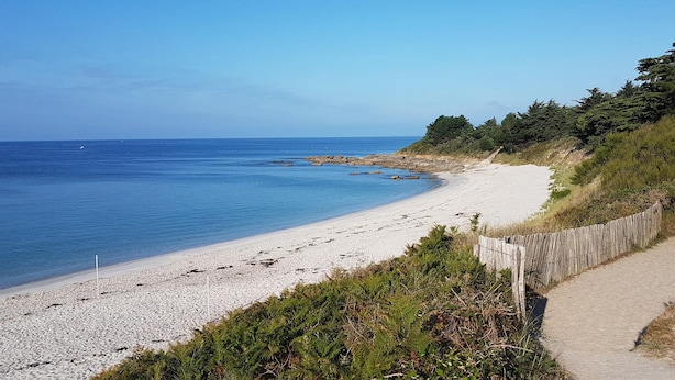 Ein Küstenstrand mit sandigem Ufer, einem Holzzaun und blauem Himmel.