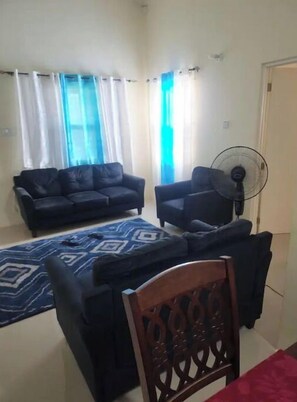 A room with a sofa, a chair, a wooden chair, a fan, and a patterned rug.