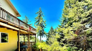 Ein Haus mit einer Holzterrasse und einem Whirlpool, eingebettet in einen üppigen, grünen Wald.