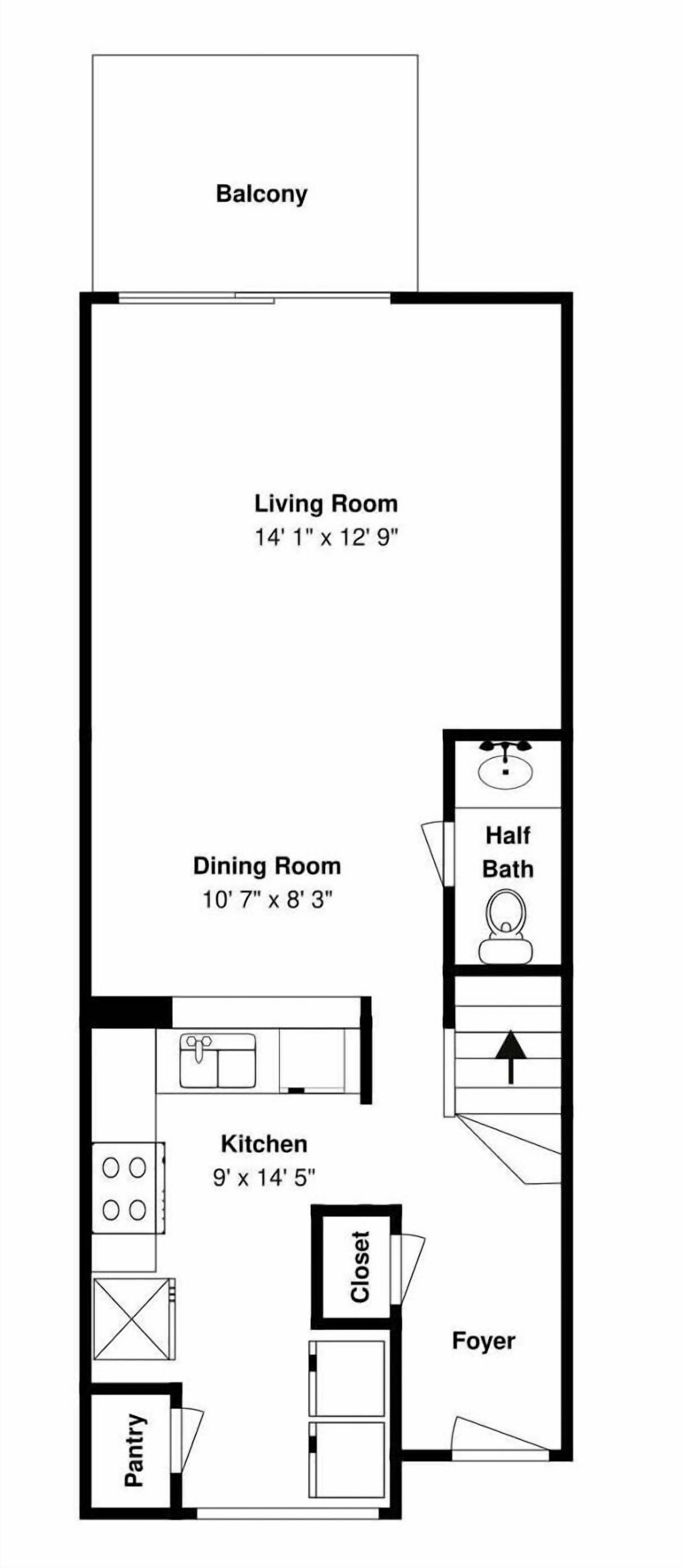 Plano de planta que muestra un balcón, sala de estar, comedor, cocina, medio baño, armario, despensa y vestíbulo.
