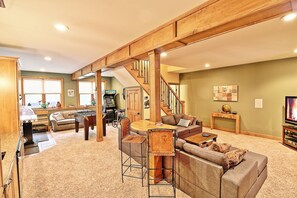 Smart TV, fireplace, video games, DVD player