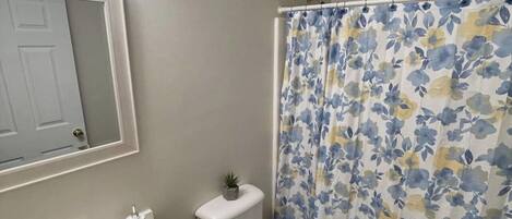 Un baño con lavamanos blanco, espejo y inodoro. Hay una cortina de ducha con estampado floral.