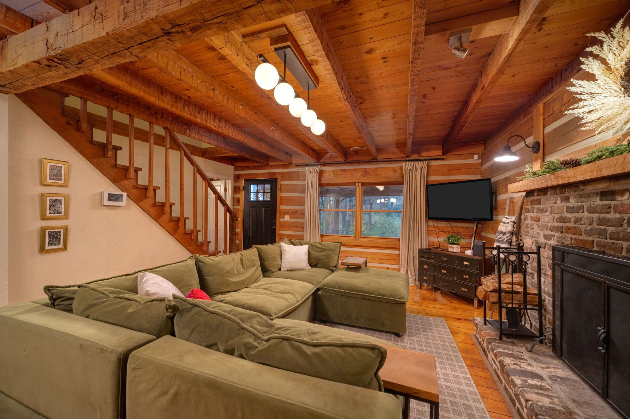 TV, fireplace, books