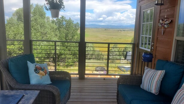 En overdækket veranda med fletningsmøbler, udsigt over et grønt landskab, og en trædør med en sommerfugludsmykning.