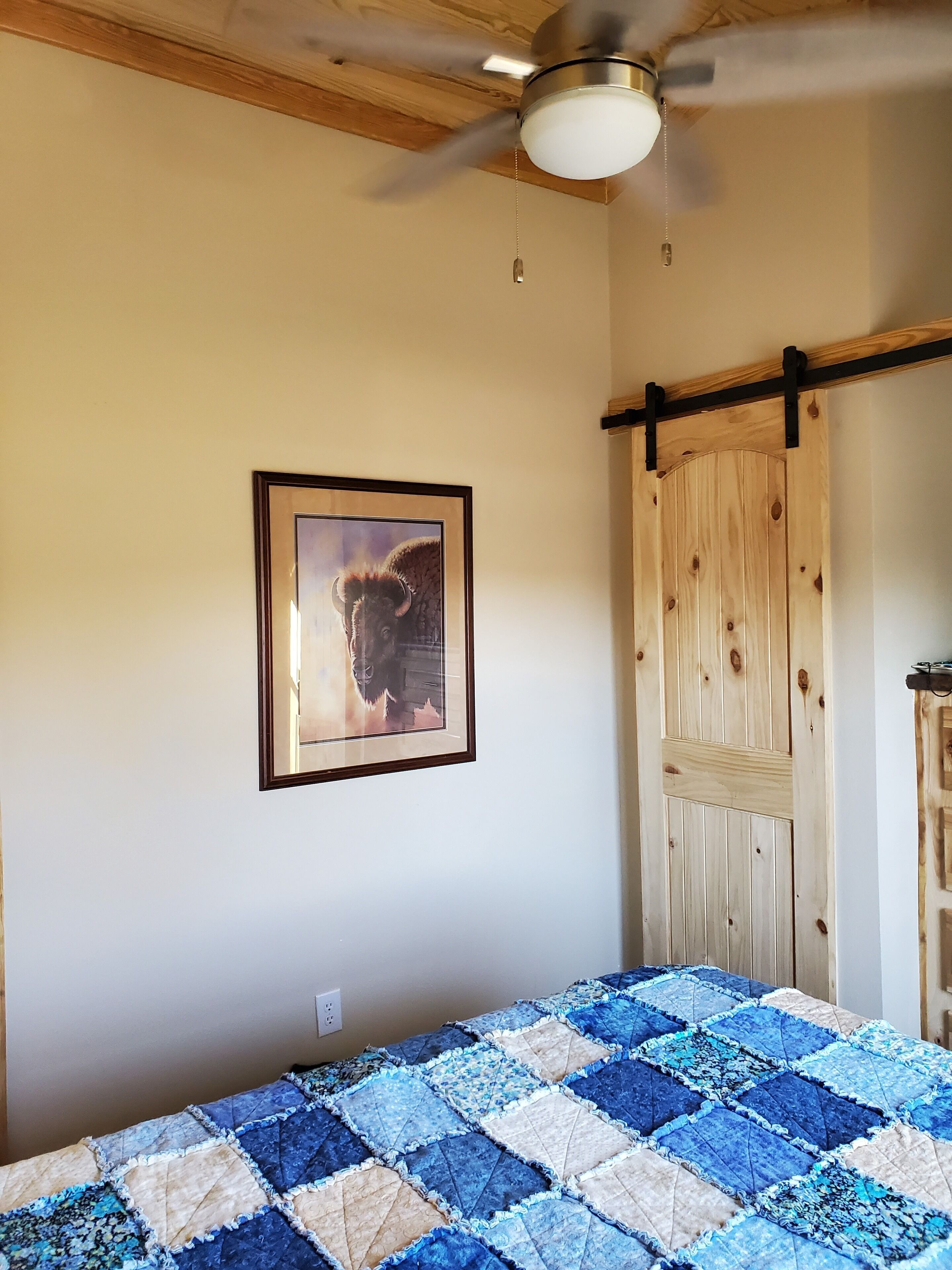 A bedroom with a bed covered in a blue and beige quilt, a ceiling fan, a wooden door, and a framed picture on the wall.