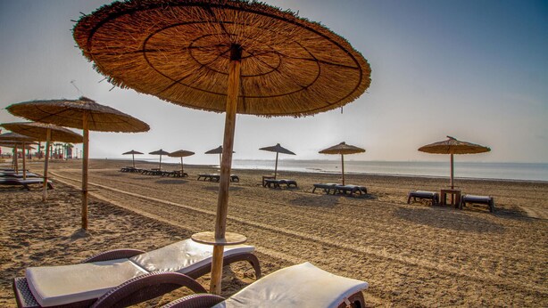 A beach with rows of lounge chairs and thatched umbrellas. - Beach front apartment in Los Alcázares (Los Alcázares)