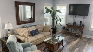 Ein Wohnzimmer mit einem gestreiften Sofa, einem Glastisch, einer großen Kübelpflanze, einem Fernseher und einem Korbtisch.