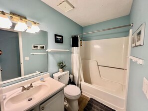 Combined shower/tub, hair dryer, towels, soap