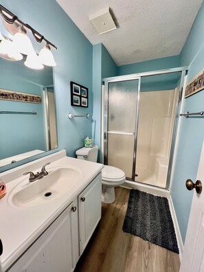 Combined shower/bathtub, hair dryer, towels, soap
