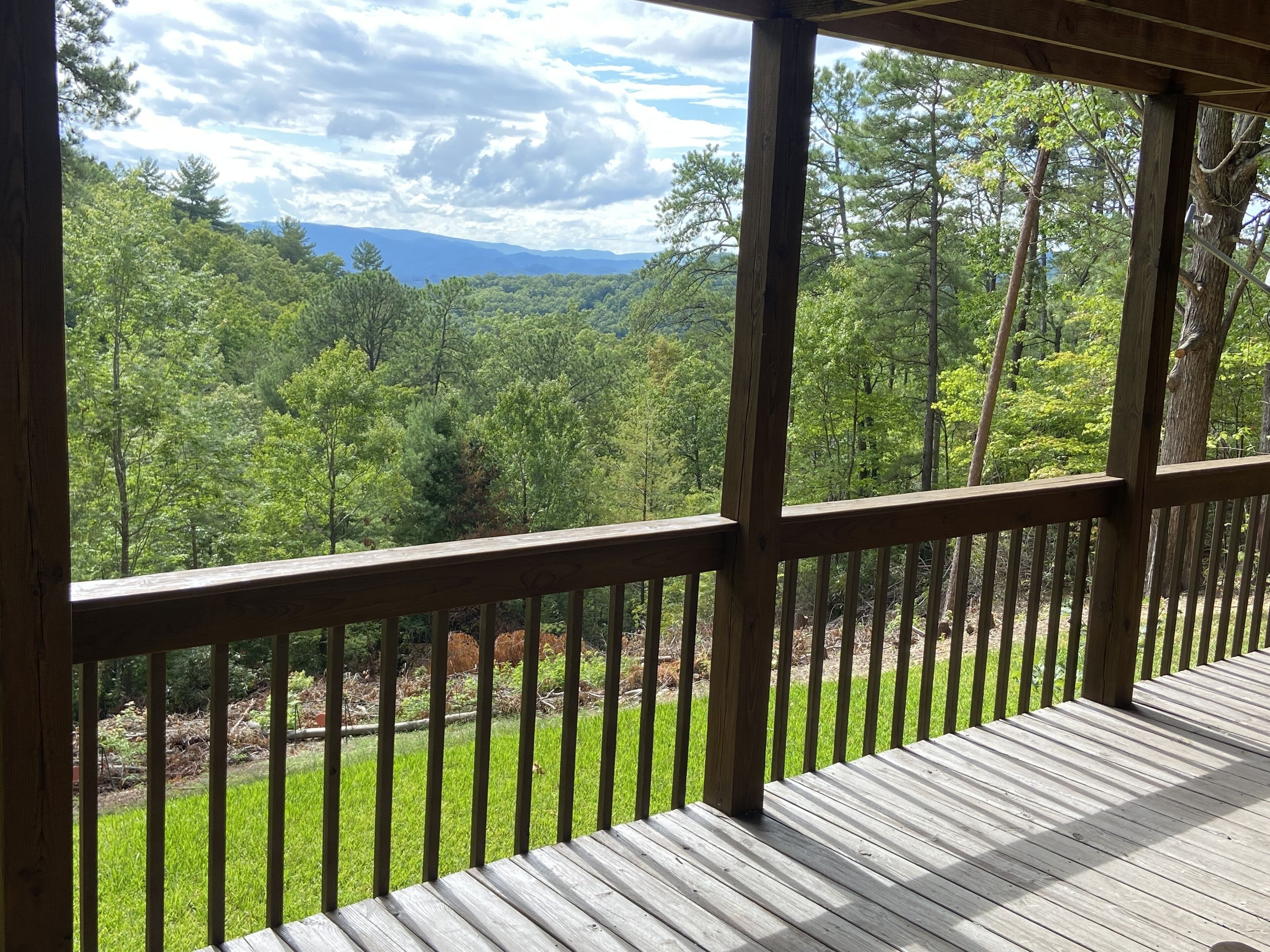 Una terraza de madera con vistas a un paisaje boscoso.